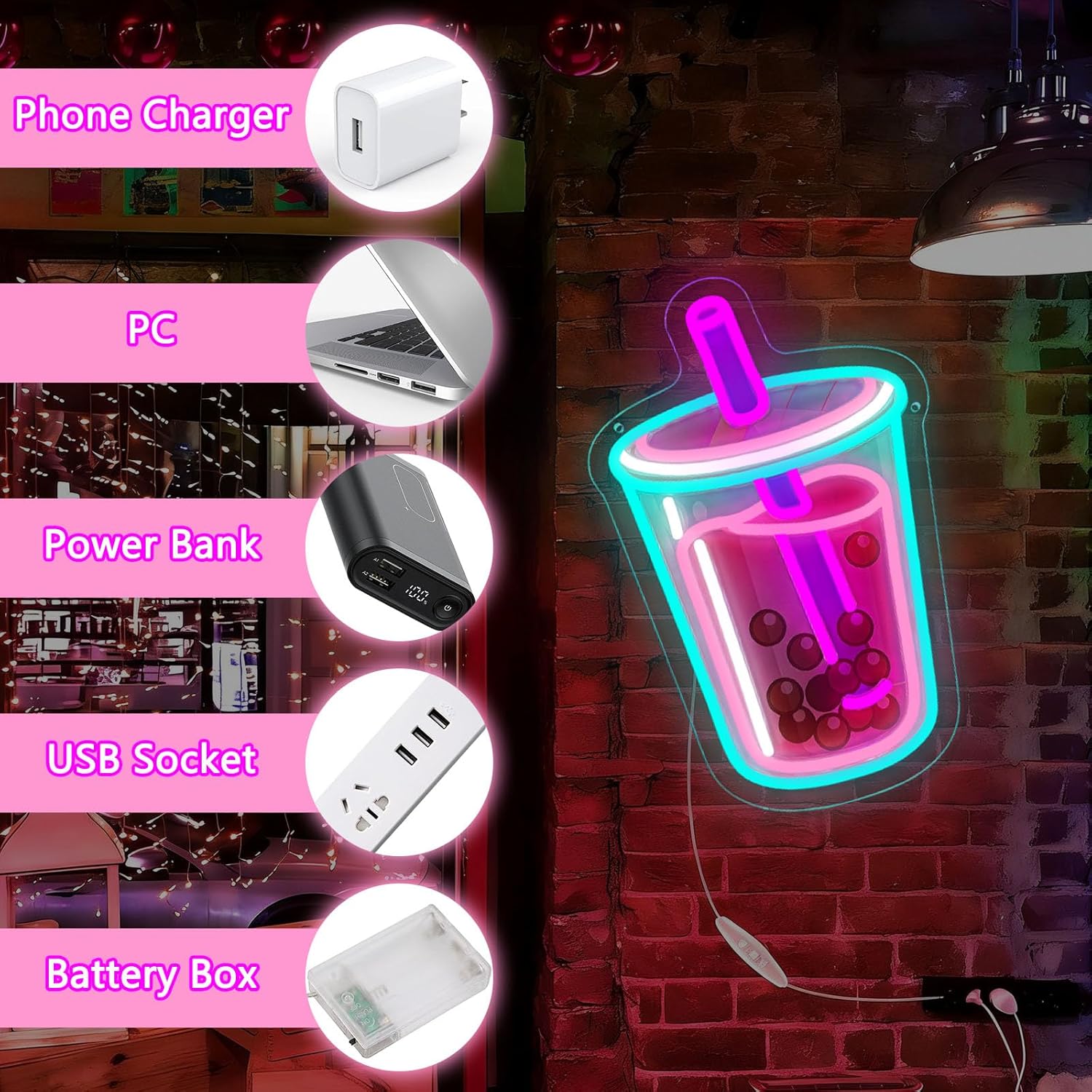 Bubble Tea Neon Sign USB Power - Outdoor Lighting Restaurant ulasan dan harga